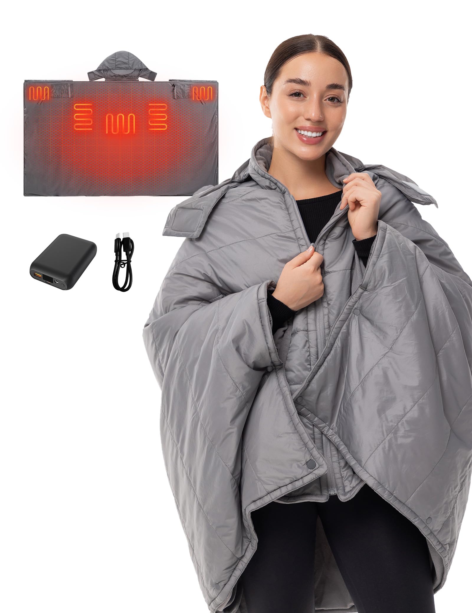 HENNCHEE heated blanket with removable hood offers portable warmth on the go.