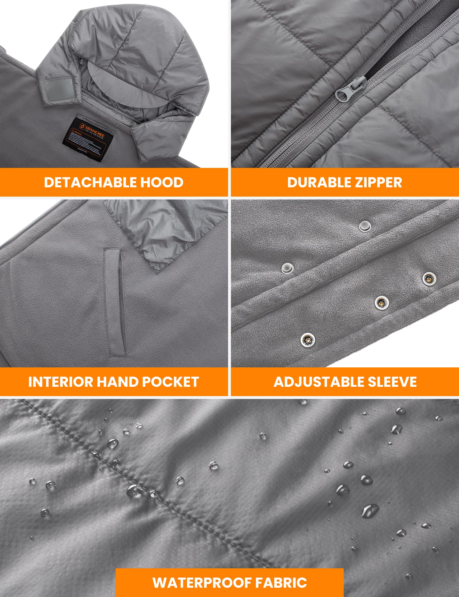 HENNCHEE waterproof fabric keeps you dry while staying warm outdoors.