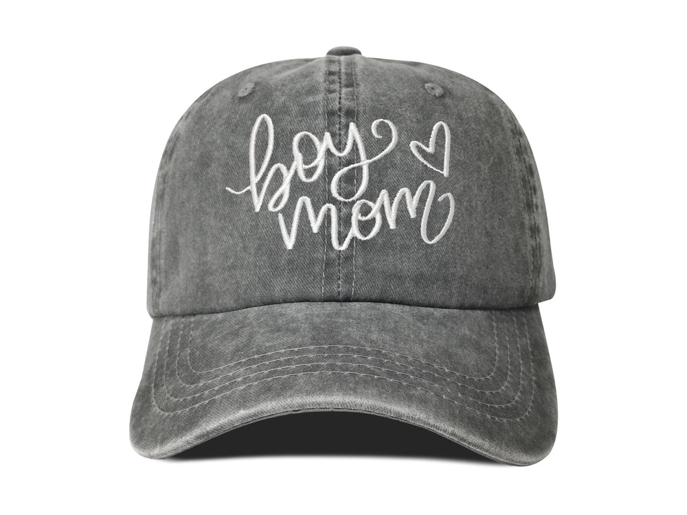 Front view of Hepandy Embroidered Boy's Mom Hat in Washed Gray