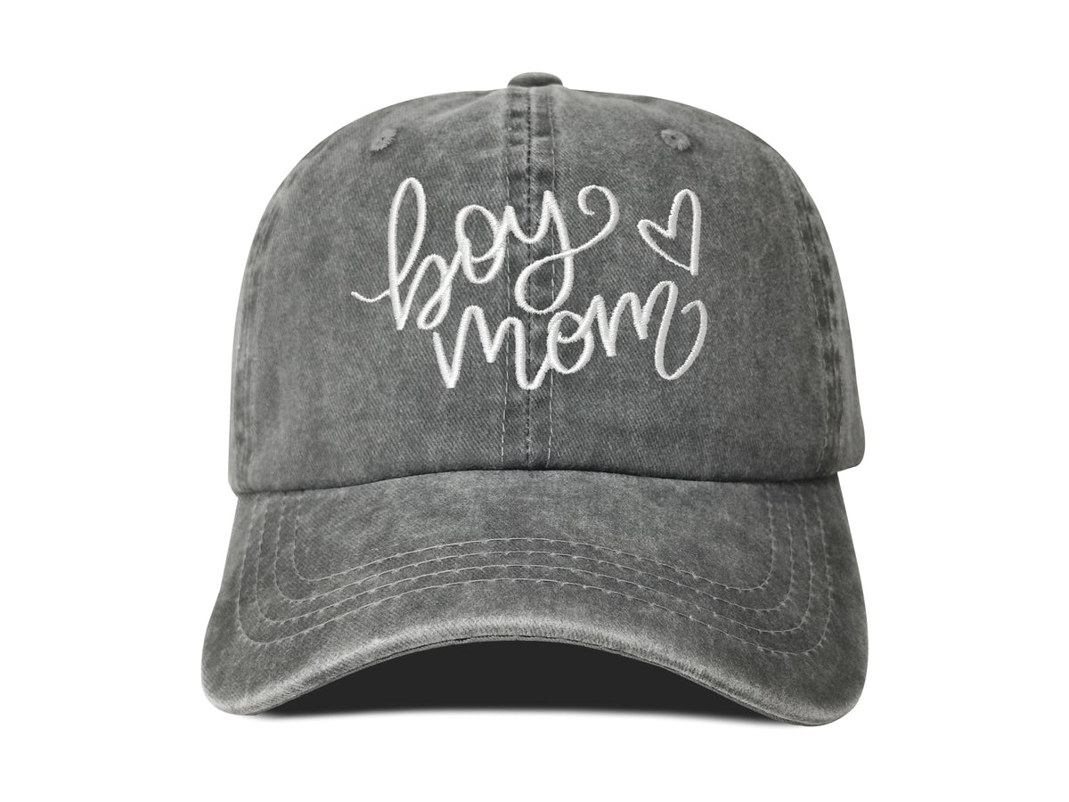 Front view of Hepandy Embroidered Boy's Mom Hat in Washed Gray