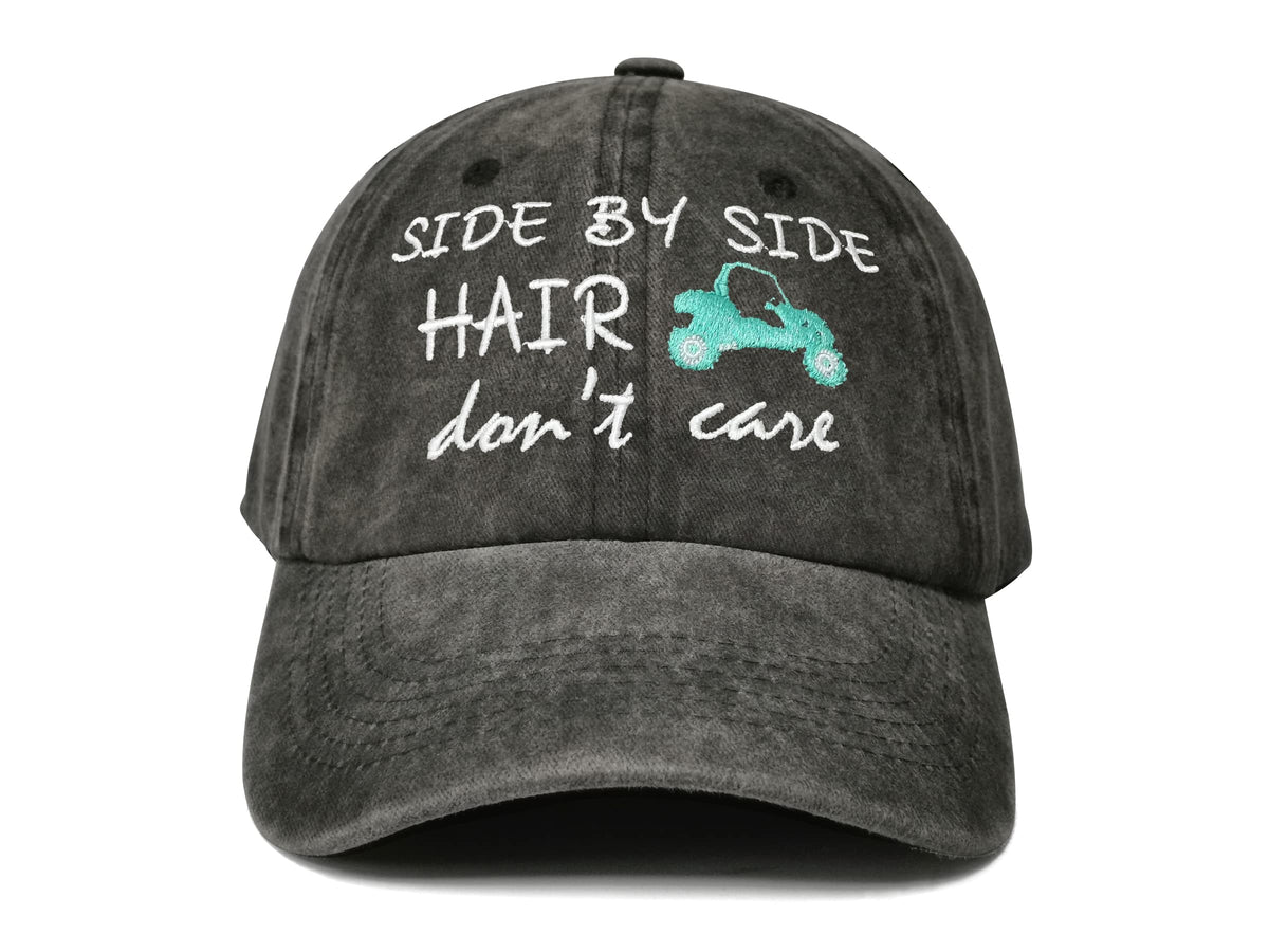 Front view of Hepandy embroidered Side by Side Hair Don't Care hat
