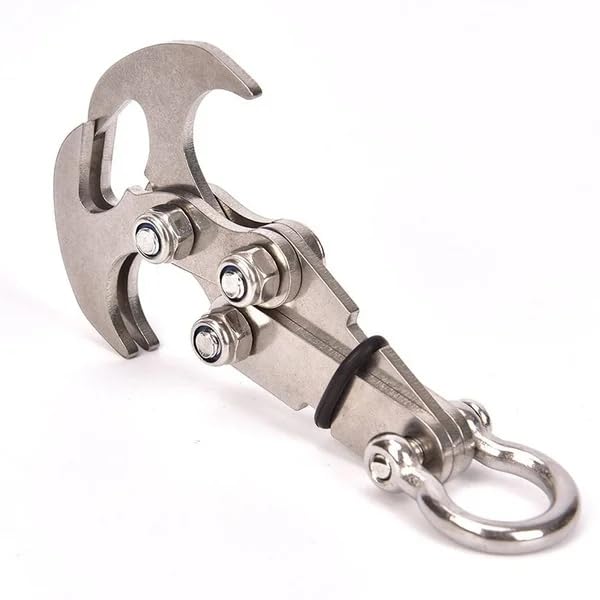 HEPBAK folding gravity hook close-up shows a sturdy, portable climbing tool for rugged environments.