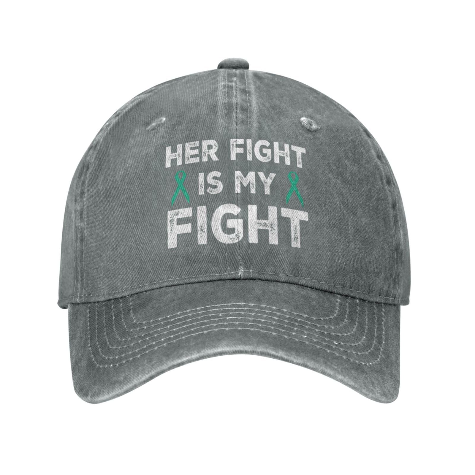 Front view of Her Fights Is My Fight teal ribbon ovarian cancer awareness cap for women