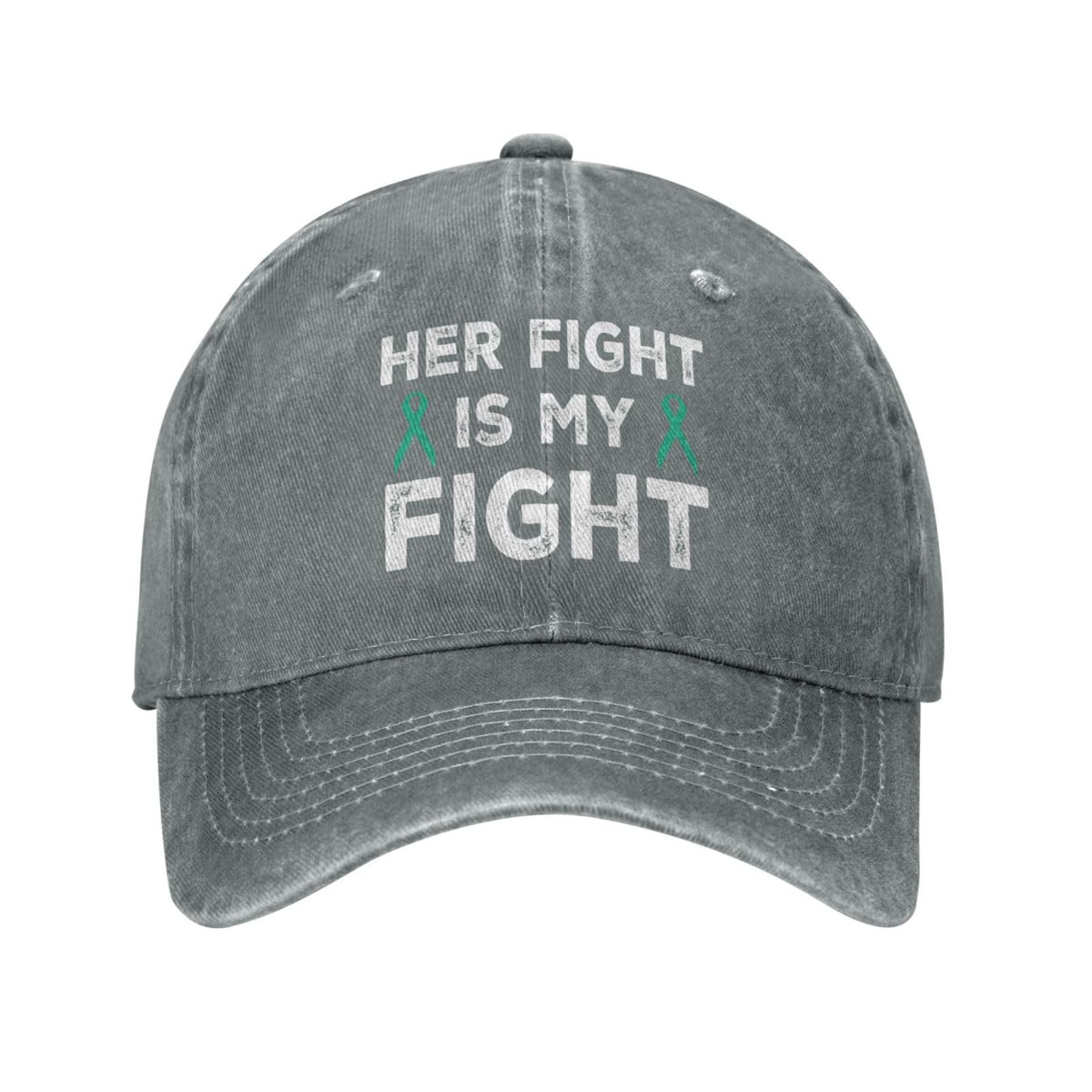 Front view of Her Fights Is My Fight teal ribbon ovarian cancer awareness cap for women