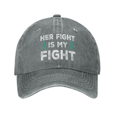 Front view of Her Fights Is My Fight teal ribbon ovarian cancer awareness cap for women