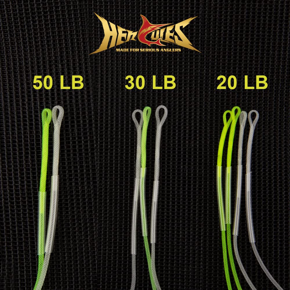 Pack view showing 4x20lb, 3x30lb, 2x50lb leader connectors in clear and hi-vis yellow