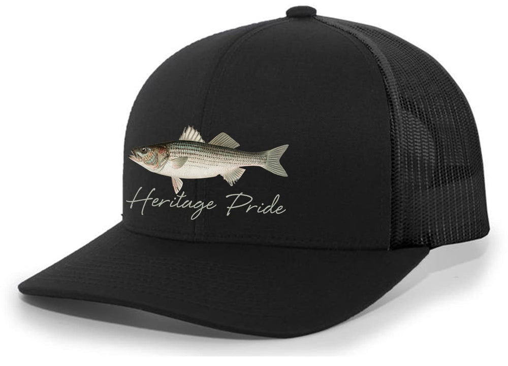 Heritage Pride striped bass hat side view showing mesh back for breathability