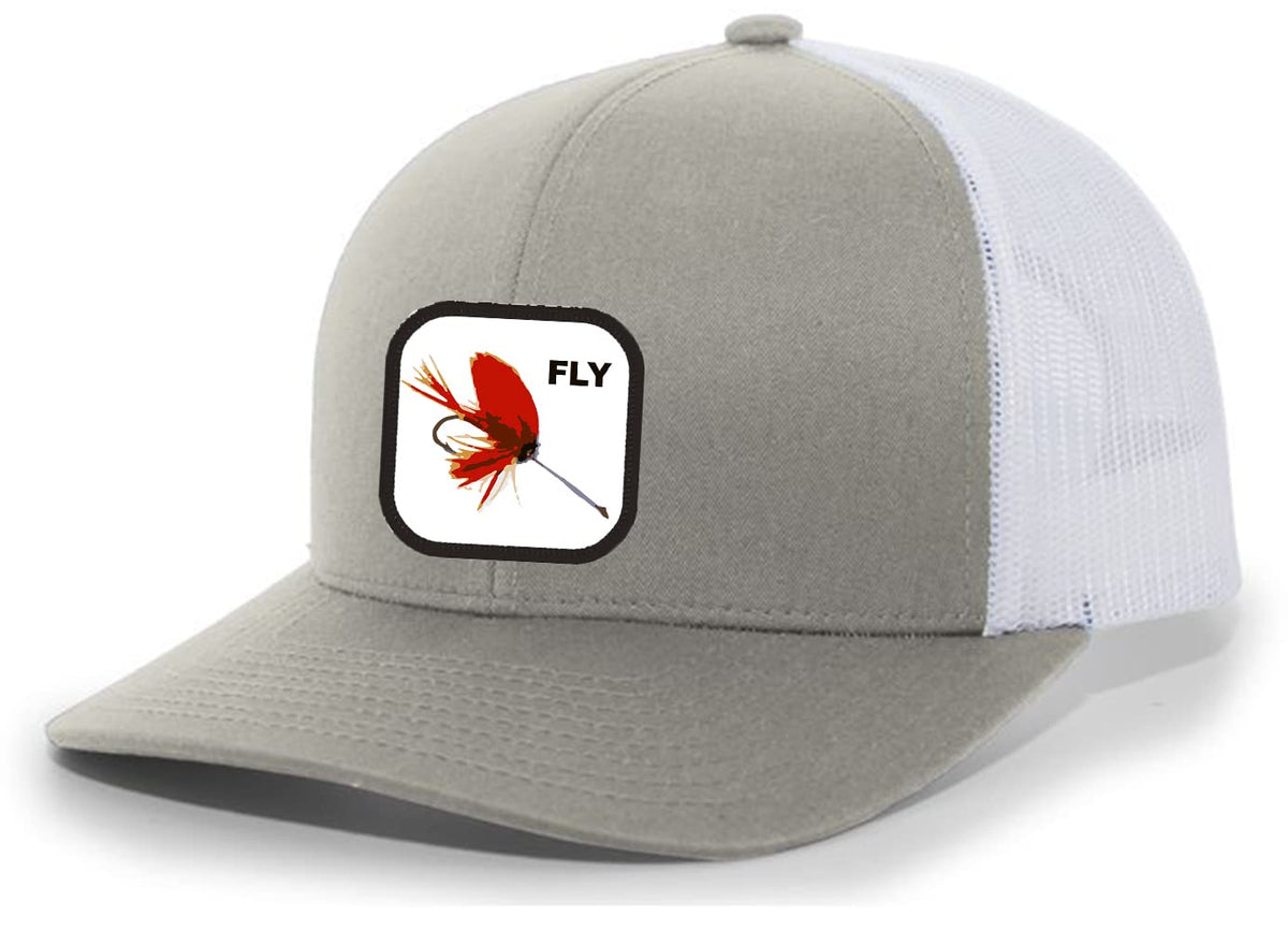 Heritage Pride men's red fly fishing lure patch cap front view showing sun protection and style