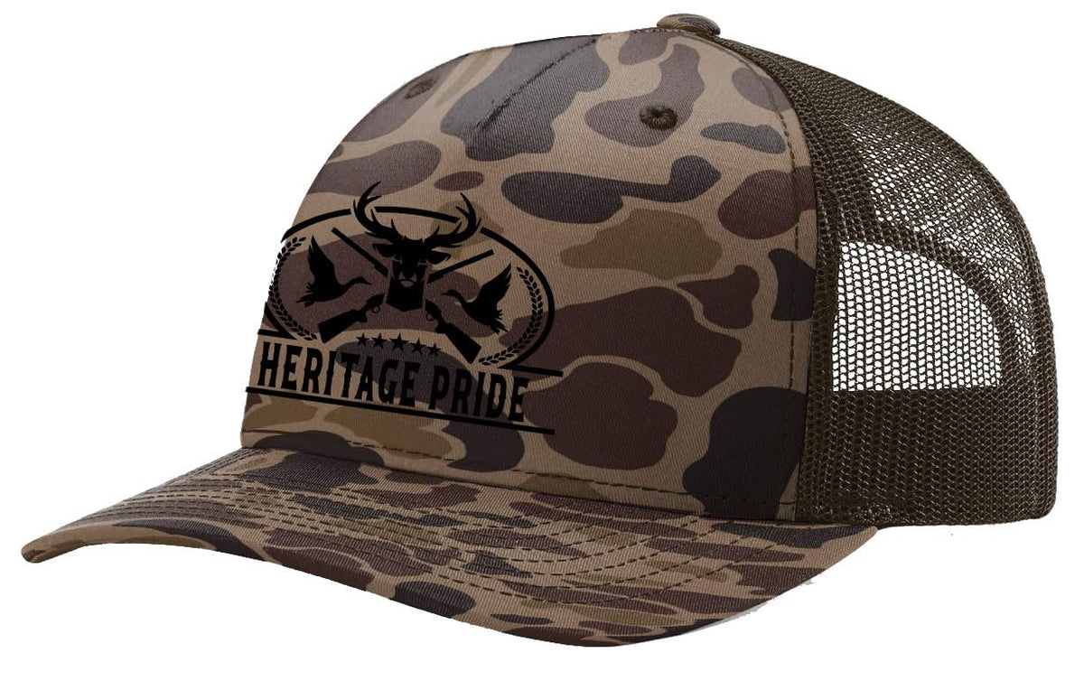 Heritage Pride hunting hat front view with pheasant, duck, and deer embroidery for outdoor style