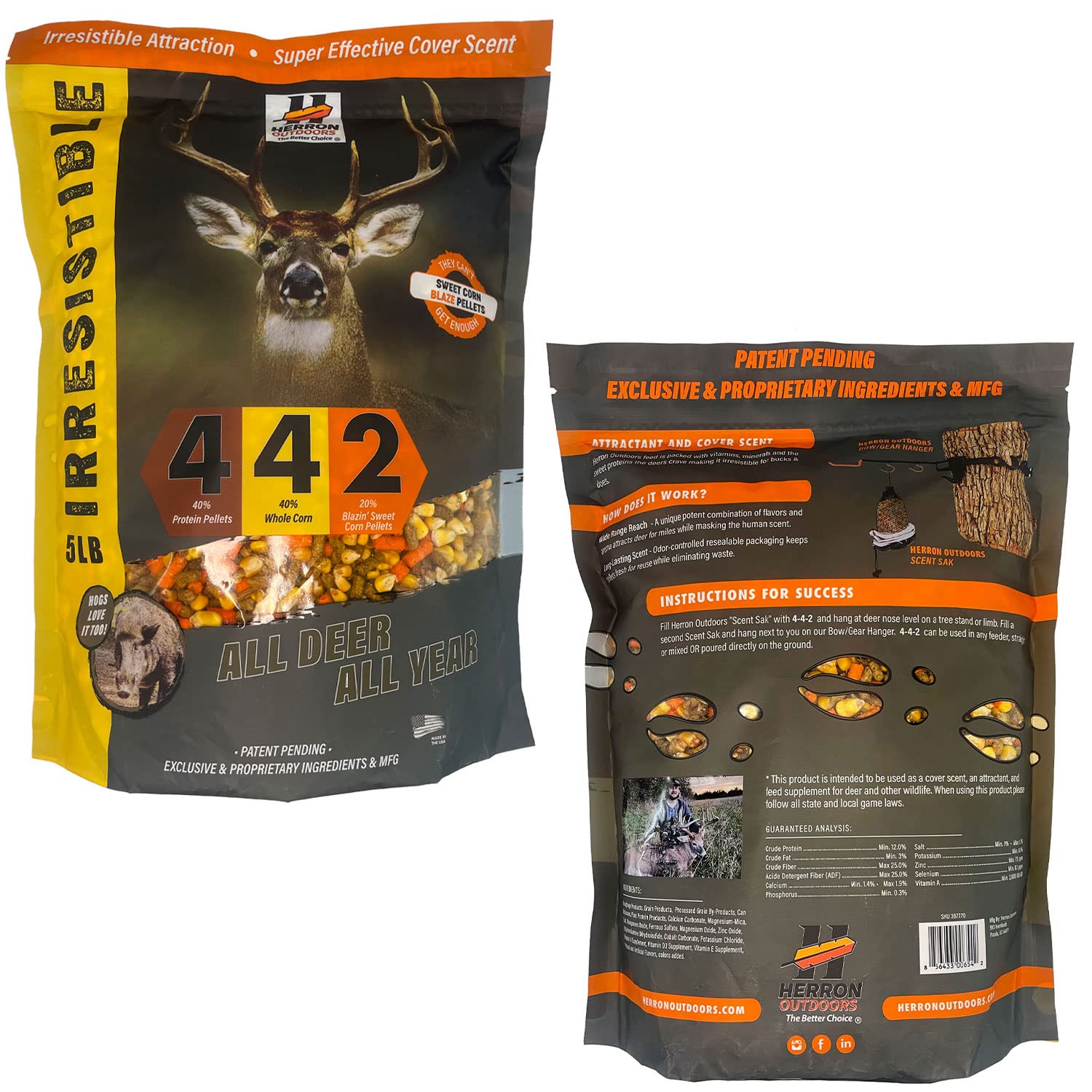 Herron Outdoors 4-4-2 blend packaged for all-season deer attractant use.