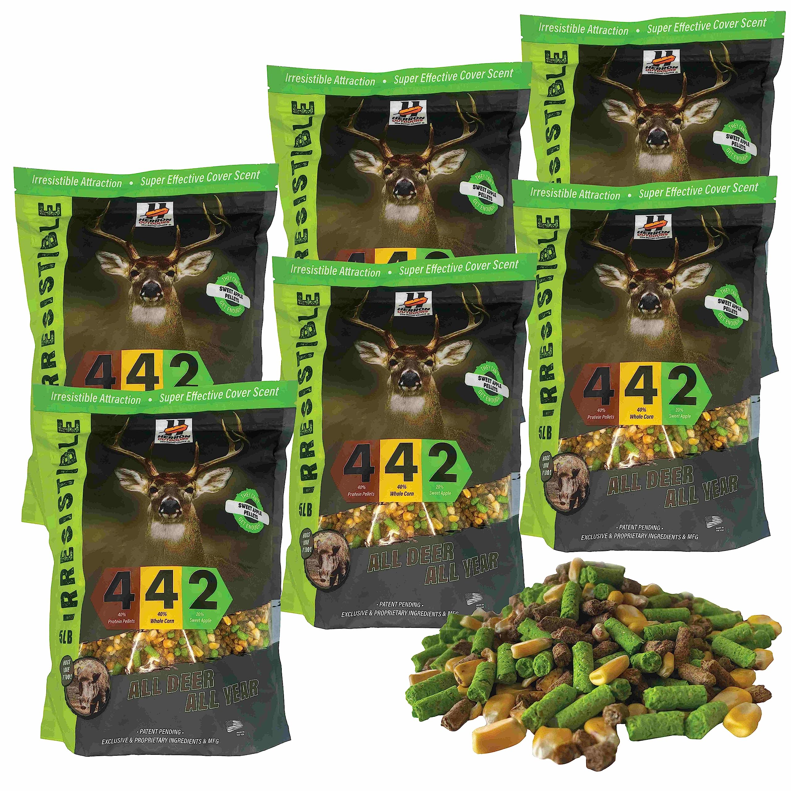 Herron Outdoors 4-4-2 deer feed bag showing attractant blend.