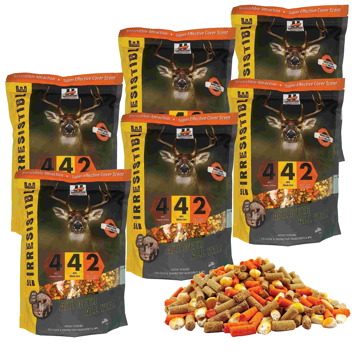 Herron Outdoors 4-4-2 deer feed pellets blaze orange close-up ideal for field attraction.