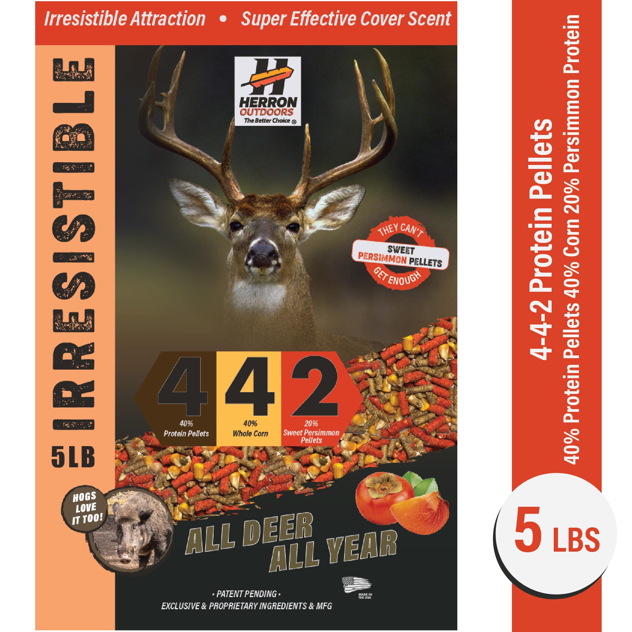 Herron Outdoors ingredients show corn and persimmon for natural attractant components.