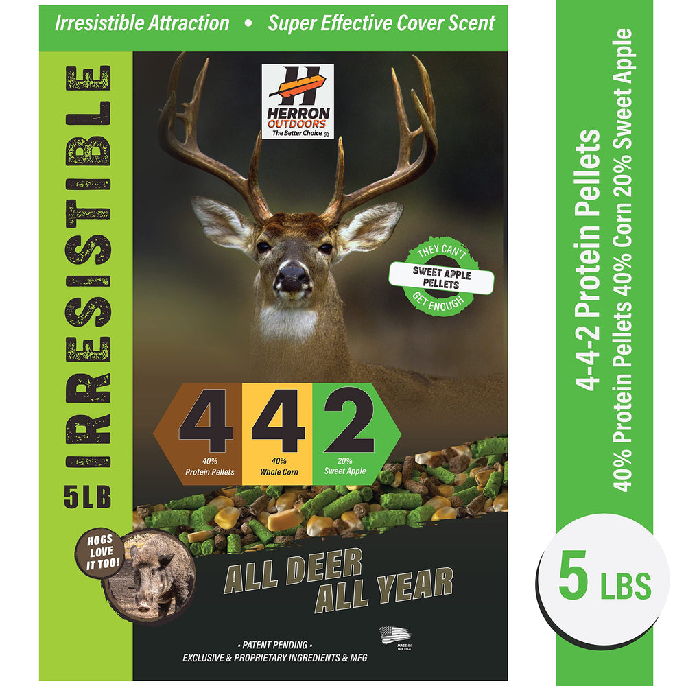 Herron Outdoors protein-corn-apple blend pellets for balanced nutrition and attraction.