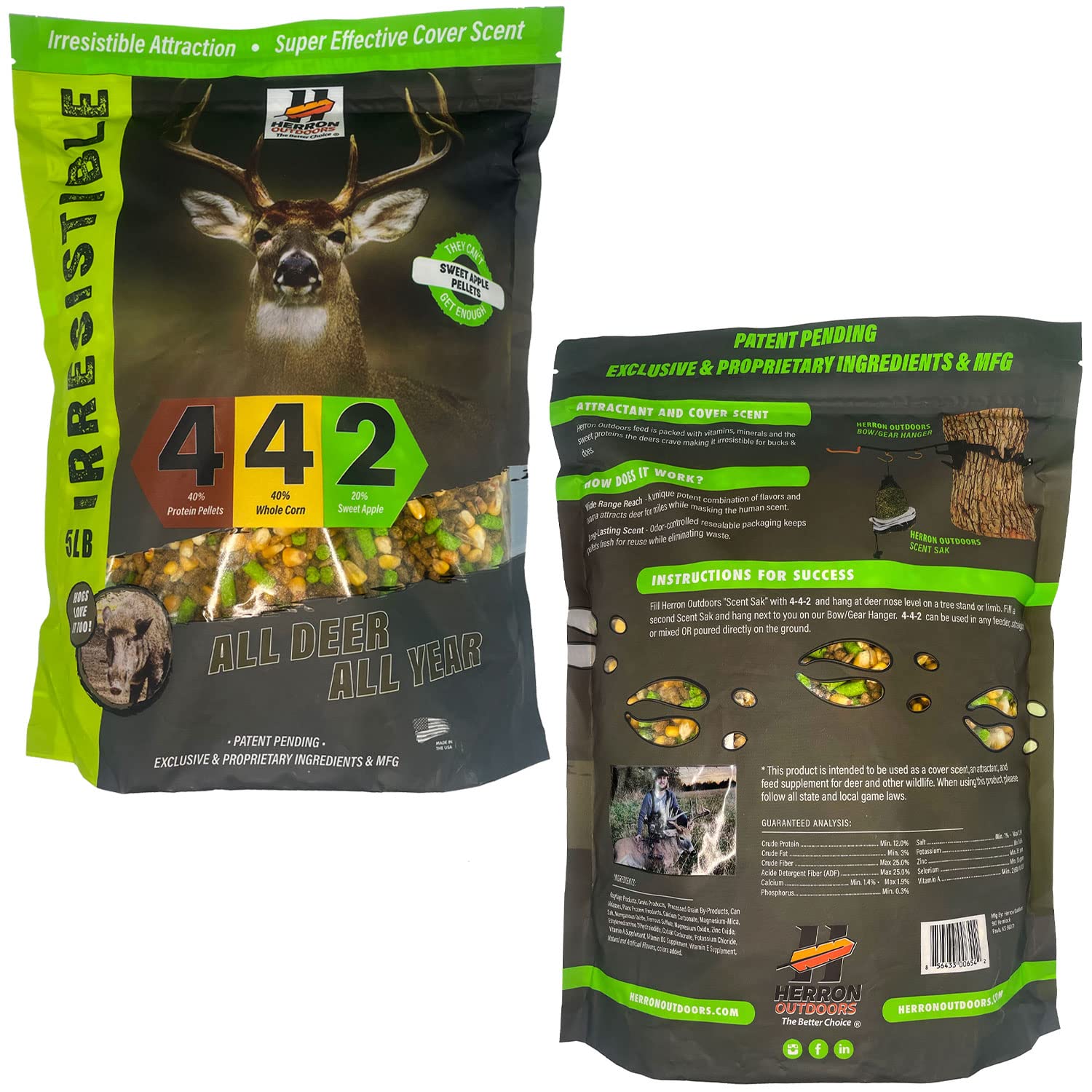 Herron Outdoors sweet apple pellets container for enhanced deer attraction and nutrition.