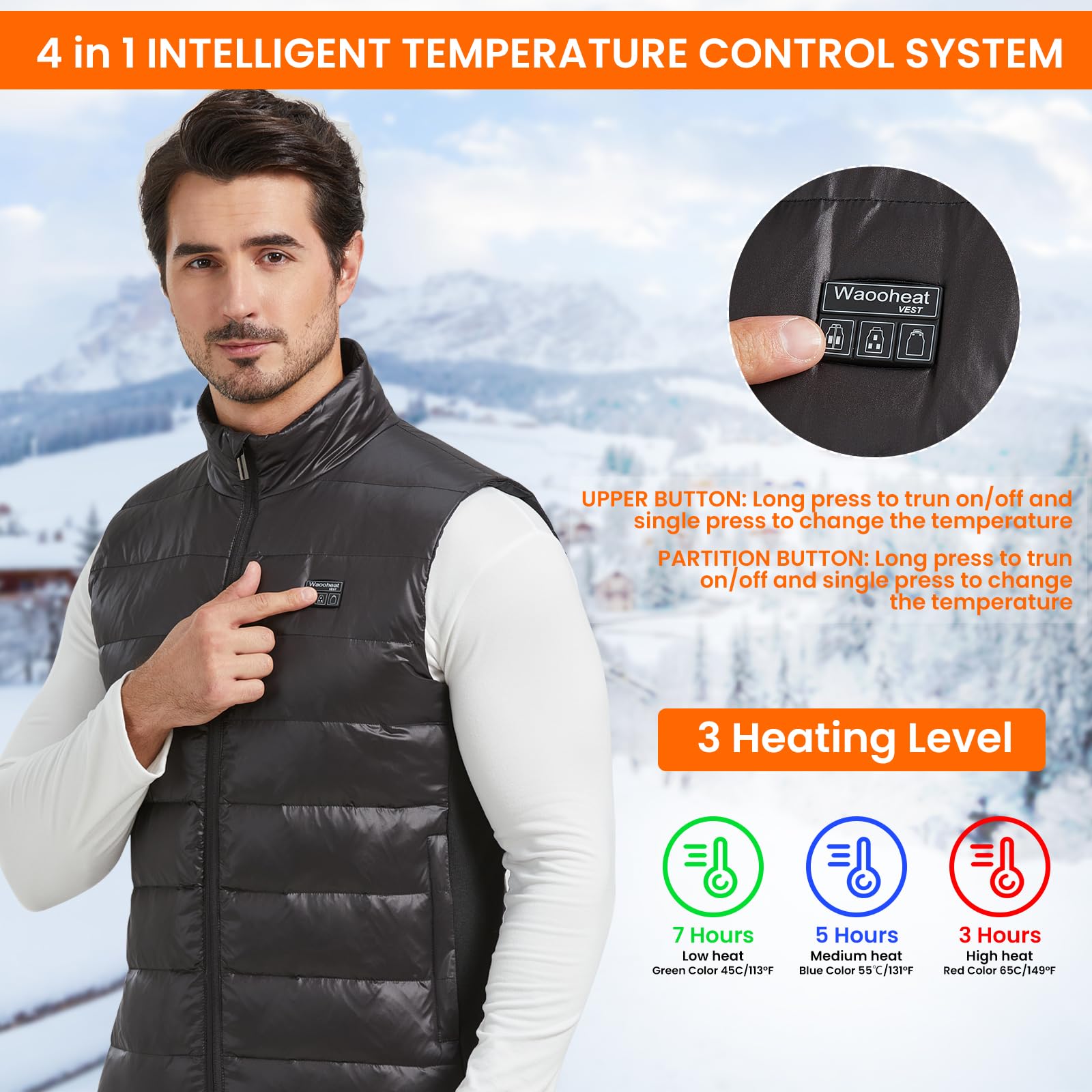 Hesiwondoo heated vest front view shows sleek, flexible fit for layering.