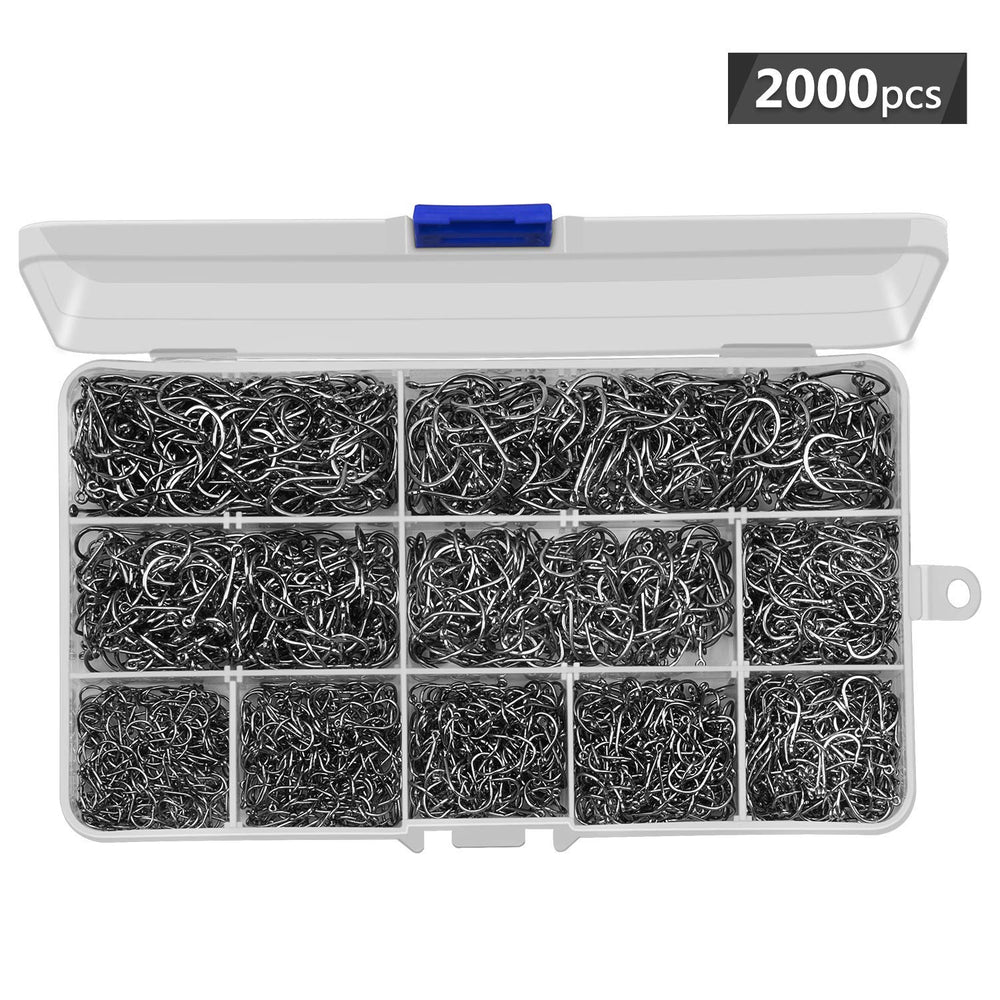Hooks neatly displayed inside the plastic box