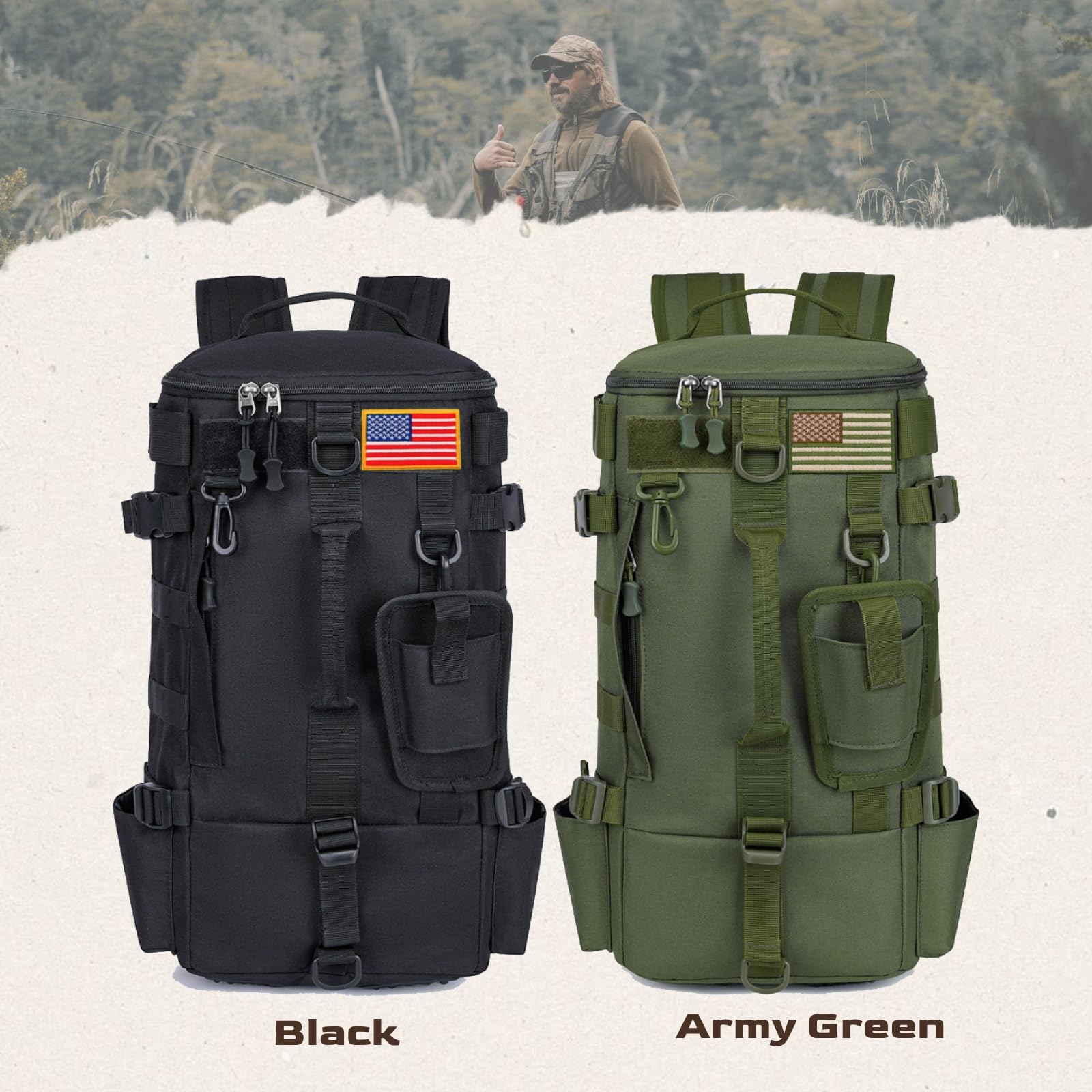 Backpack with two rod pockets and MOLLE webbing