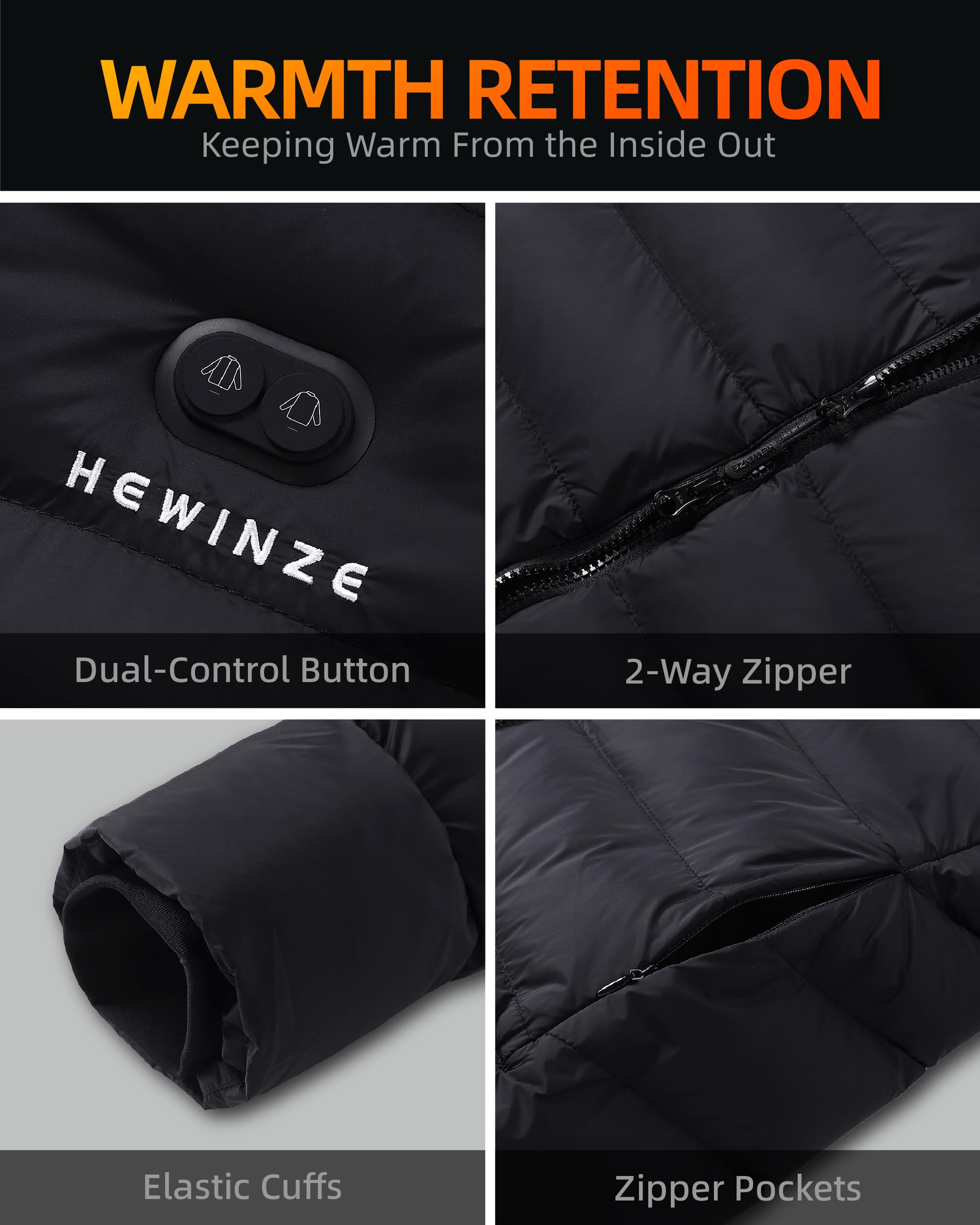 HEWINZE Heated Puffer Coat battery-control panel illustrates portable warmth with smart safety features.