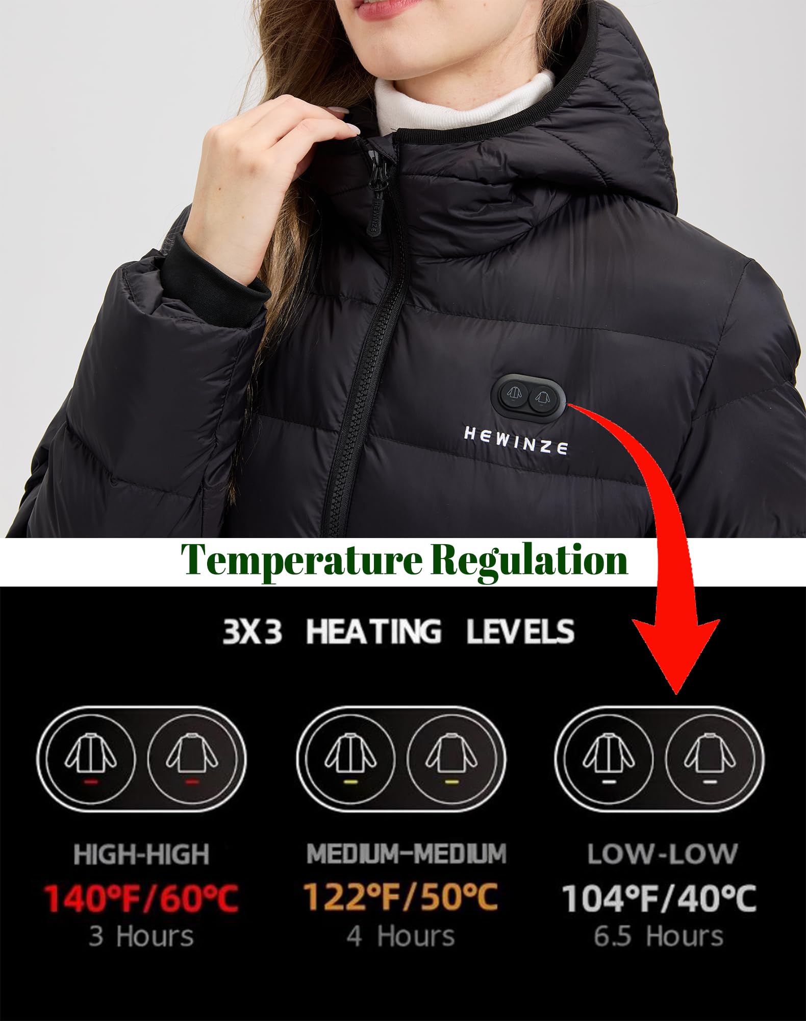 HEWINZE Heated Puffer Coat pocket area shows secure zip pockets for on-the-go essentials.