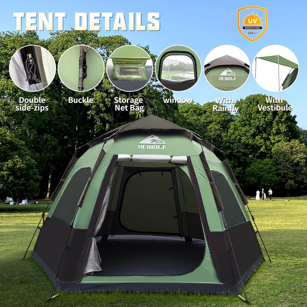 HEWOLF hexagonal dome design offers roomy interior and stable shelter.