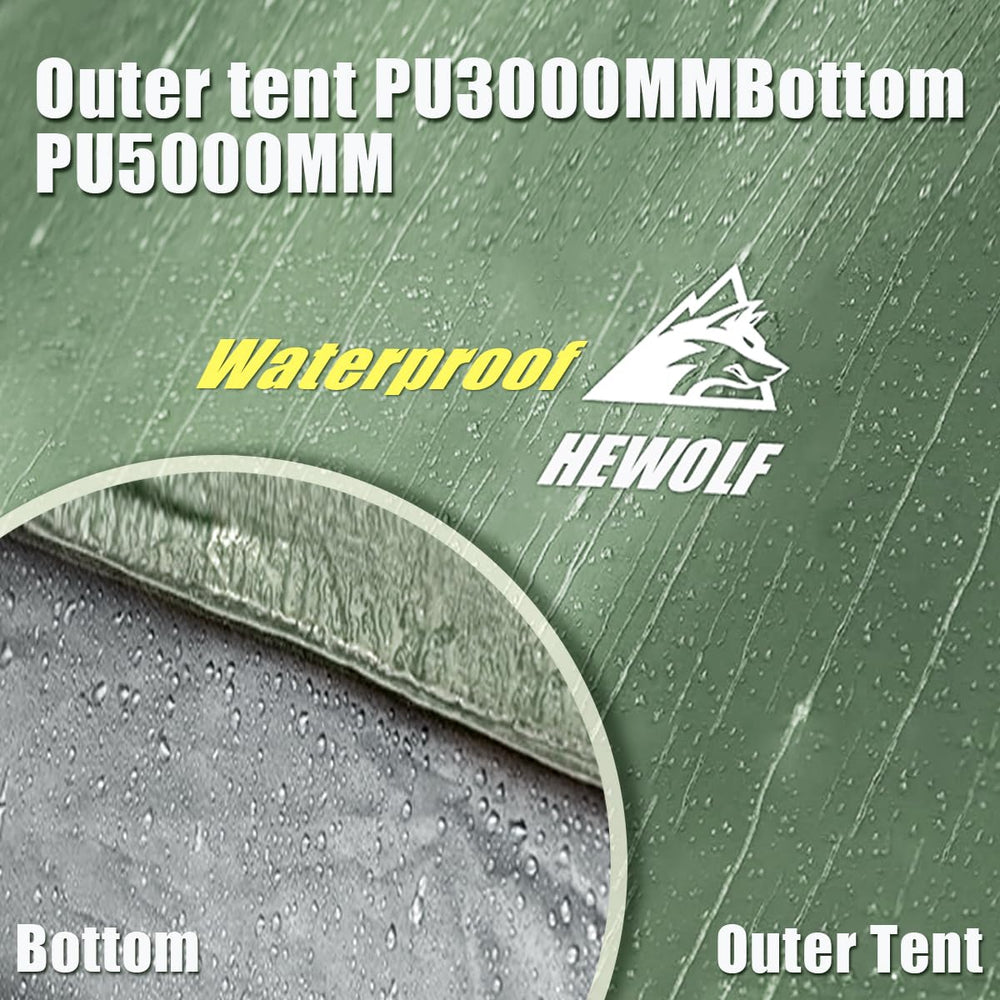 HEWOLF tent includes mesh storage and lantern hooks to organize gear.
