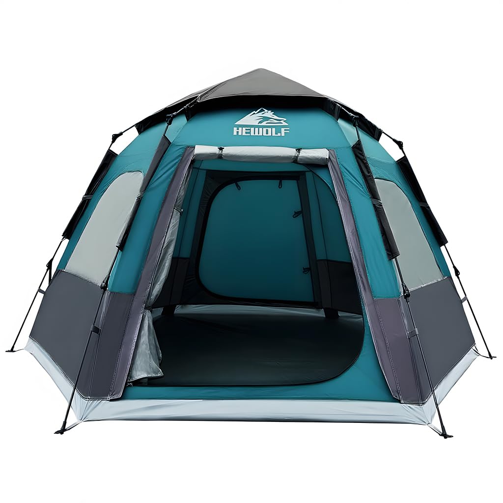 HEWOLF tent blue, instant pop-up front view for quick family shelter and easy setup.