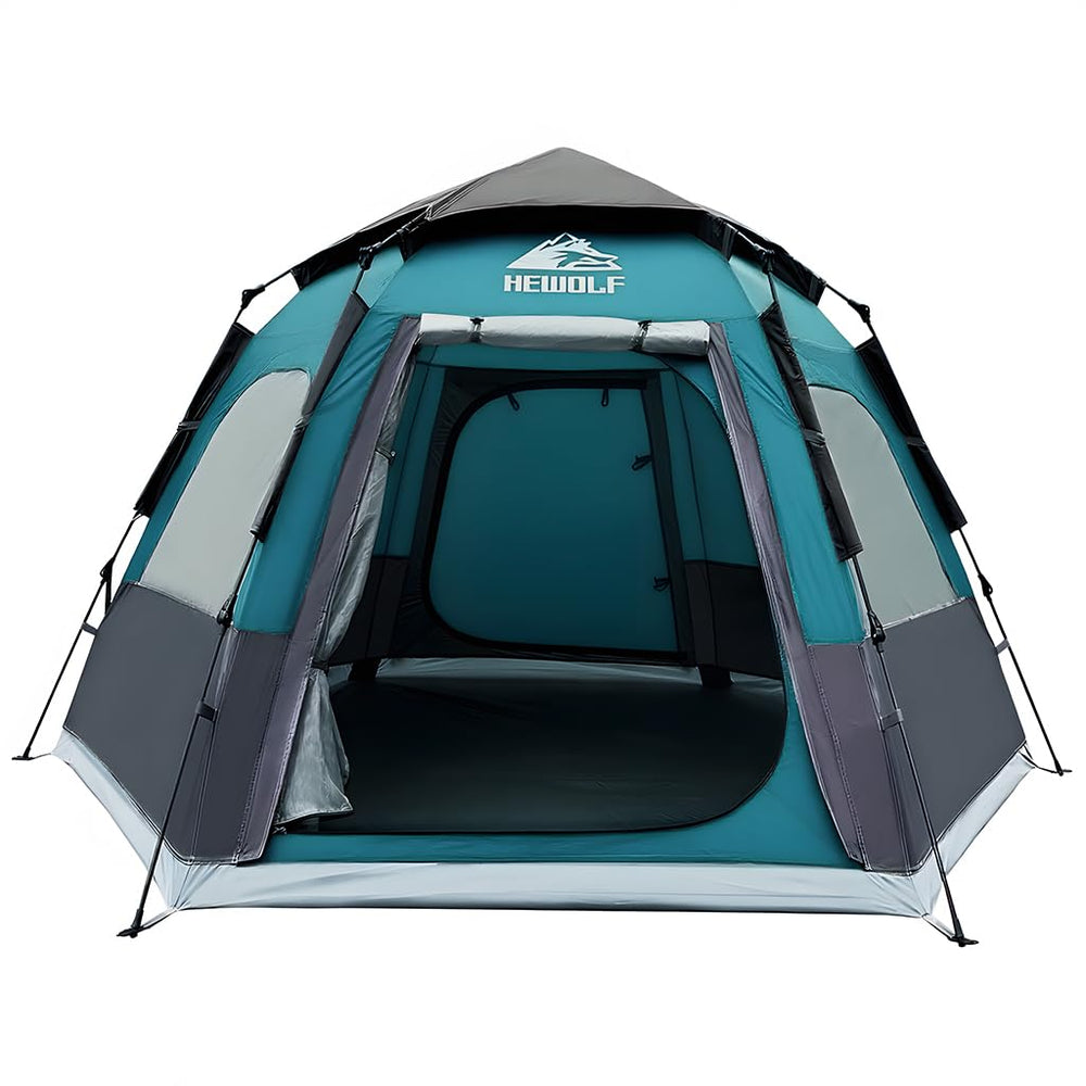 HEWOLF tent blue, instant pop-up front view for quick family shelter and easy setup.