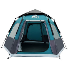 HEWOLF tent blue, instant pop-up front view for quick family shelter and easy setup.