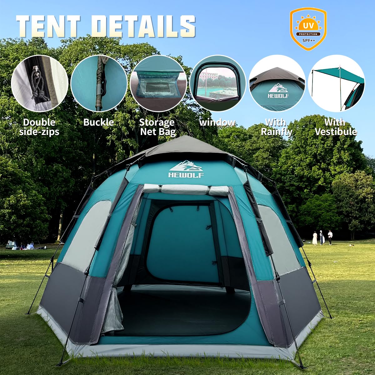 HEWOLF tent waterproof seams and SBS zipper detail for dry shelter in wet conditions.
