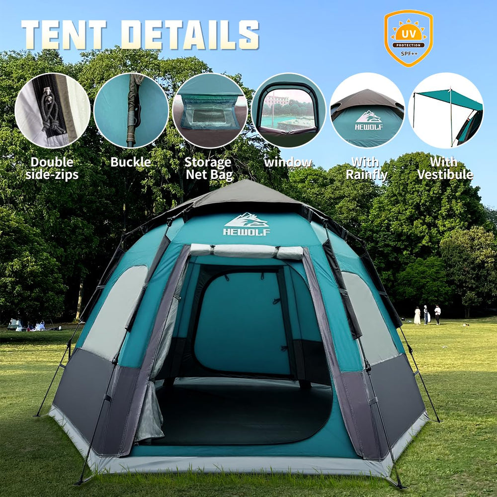 HEWOLF tent waterproof seams and SBS zipper detail for dry shelter in wet conditions.