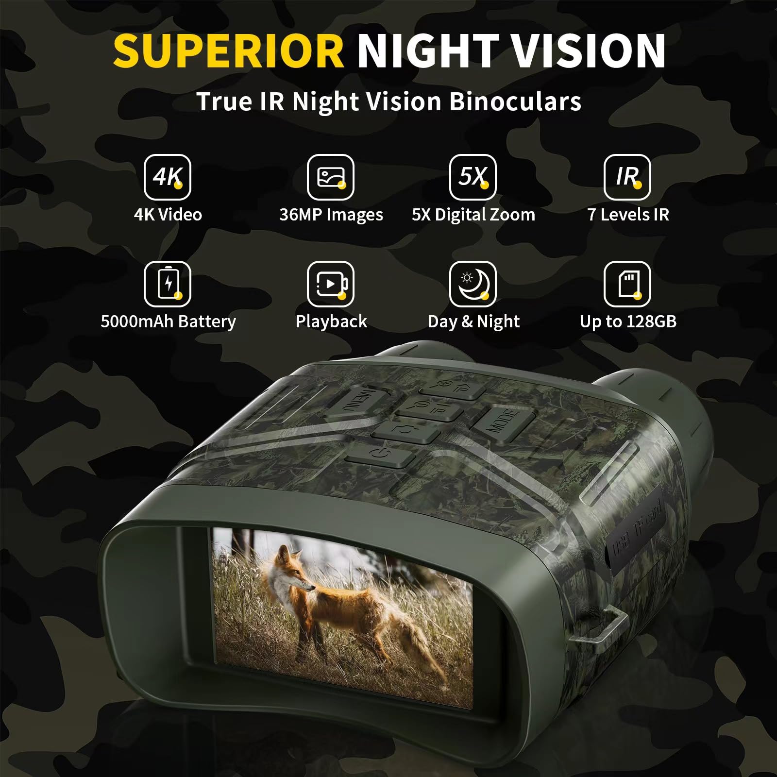 HEXEUM night vision goggles camouflage design for discreet wildlife watching in low light.