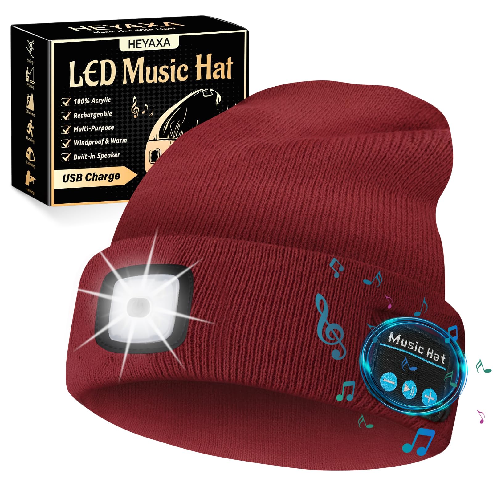HEYAXA LED Light Beanie On shows built-in illumination for nighttime visibility (led-light-beanie-on).