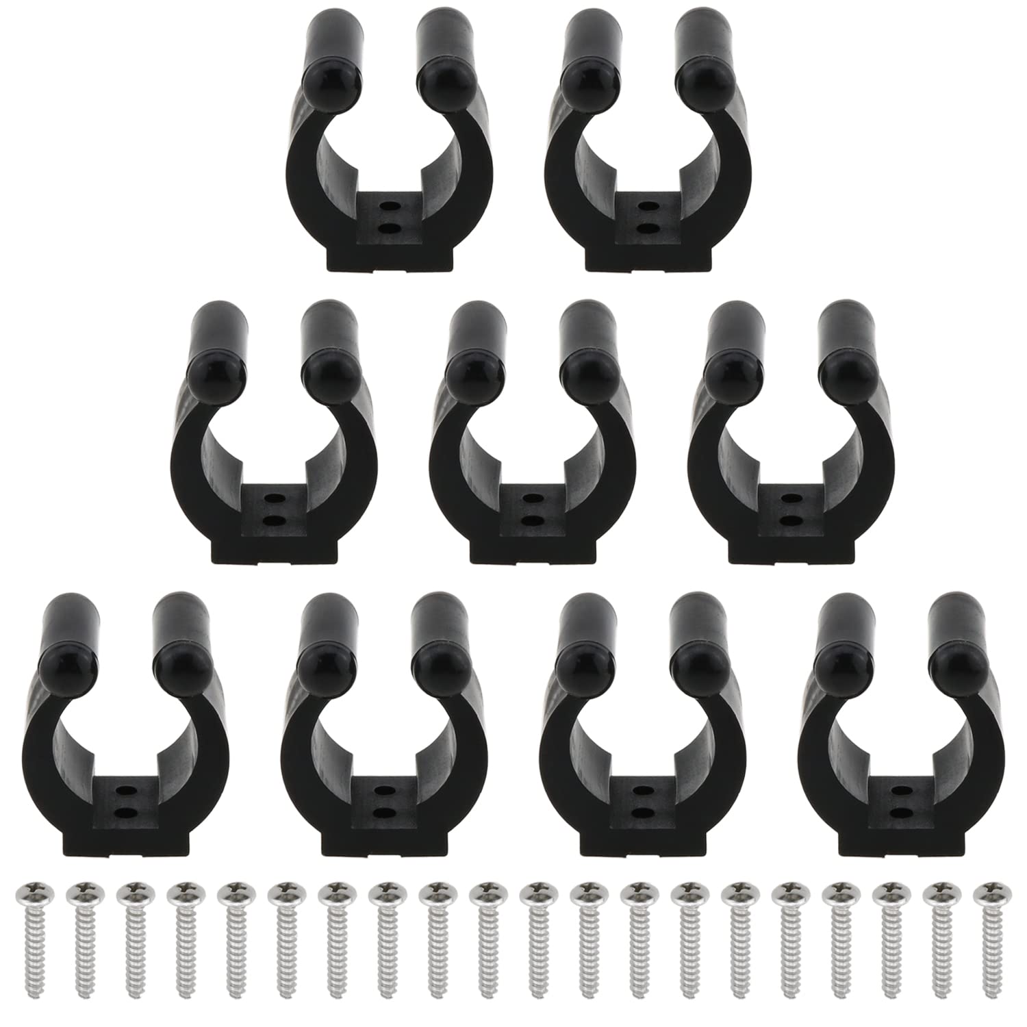 Heyous 10-piece fishing rod clip holder – black nylon plastic, front view