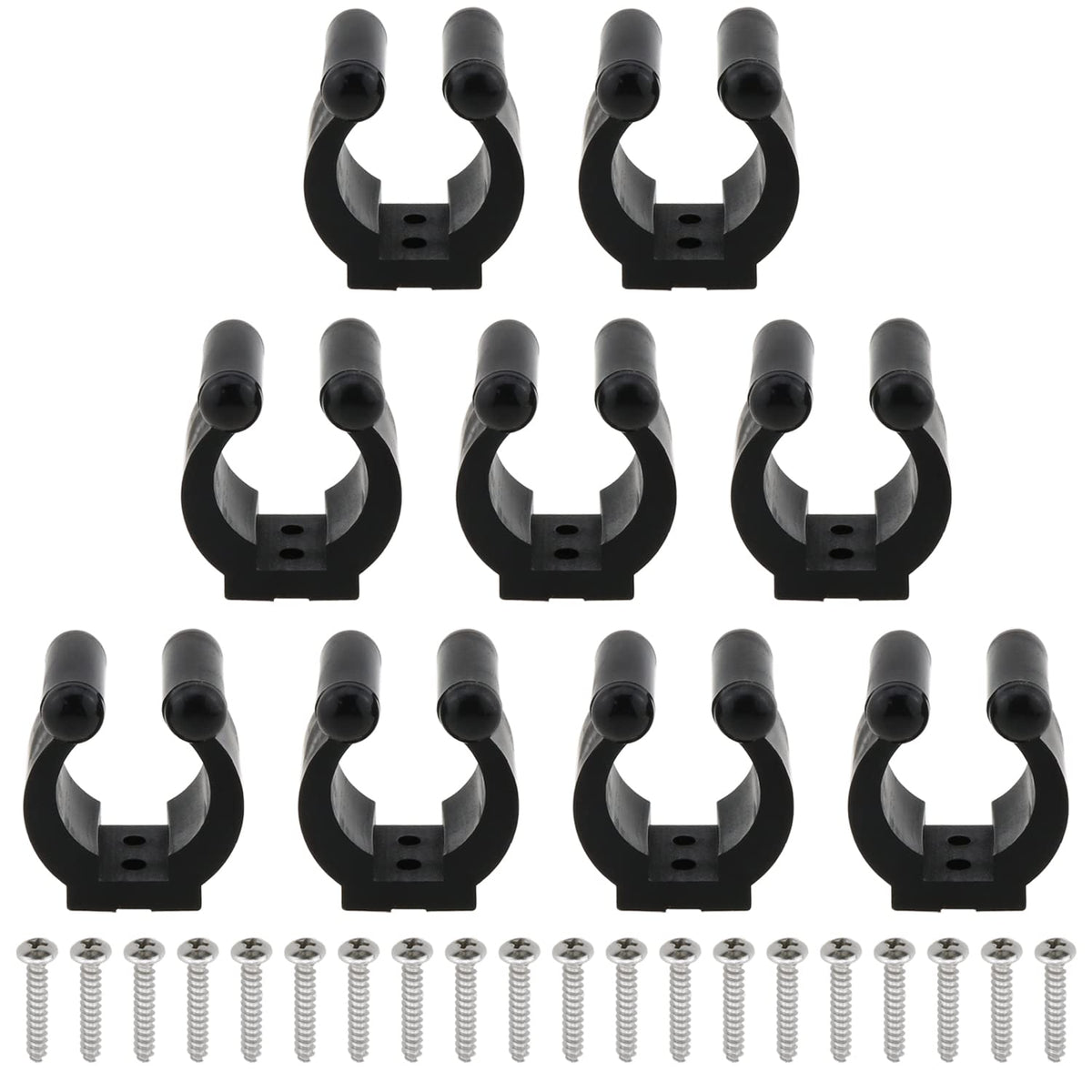 Heyous 10-piece fishing rod clip holder – black nylon plastic, front view