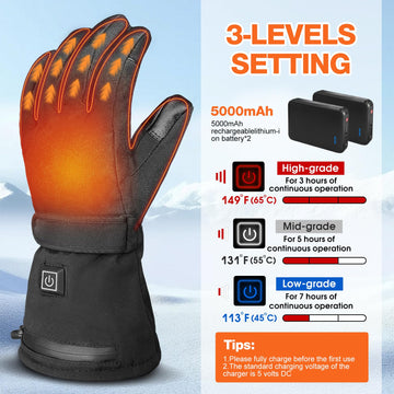 Hfshimlux heated gloves display three heat levels for weather-ready warmth.