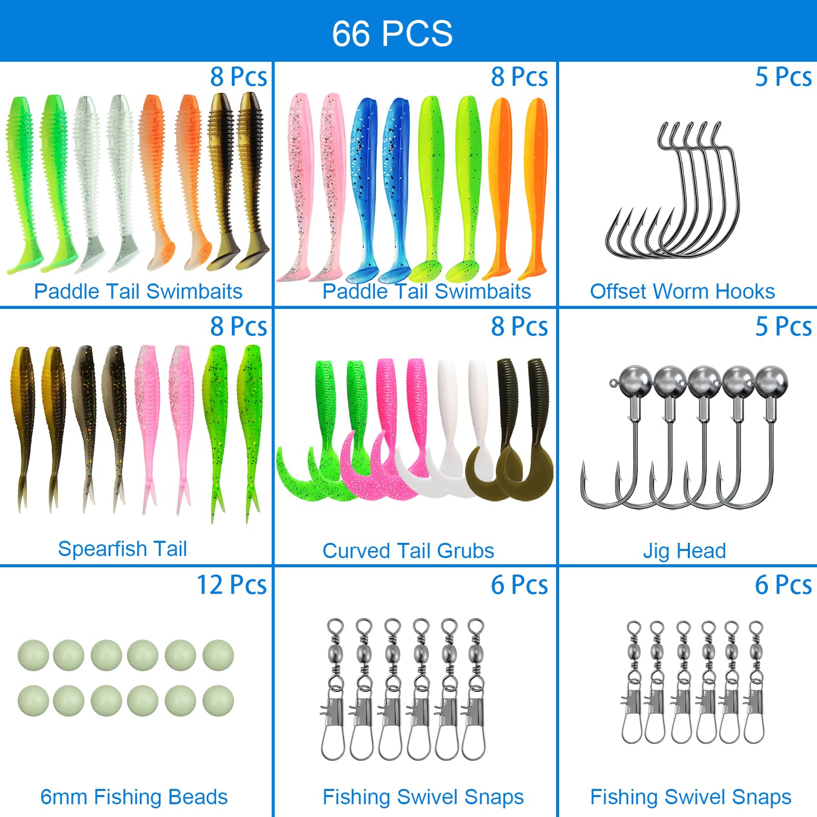 66-piece fishing lure kit for multiple species in a tackle box