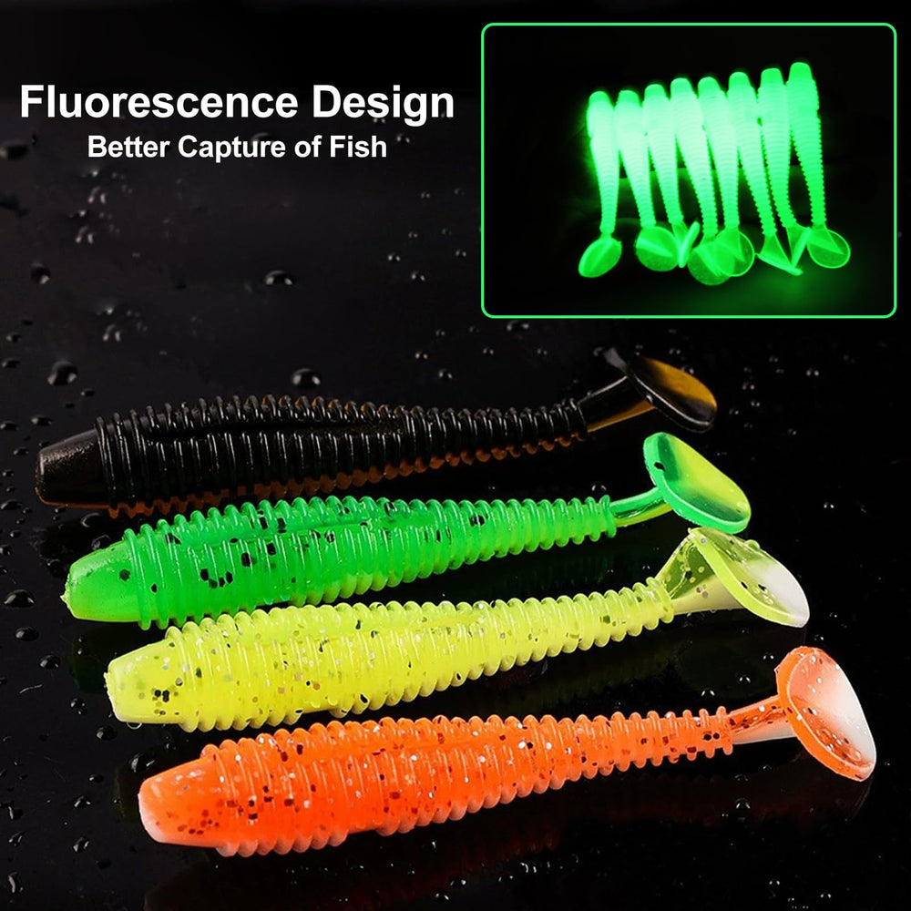 Assorted soft plastic baits including paddle tail, curly tail, fork tail and spear tail