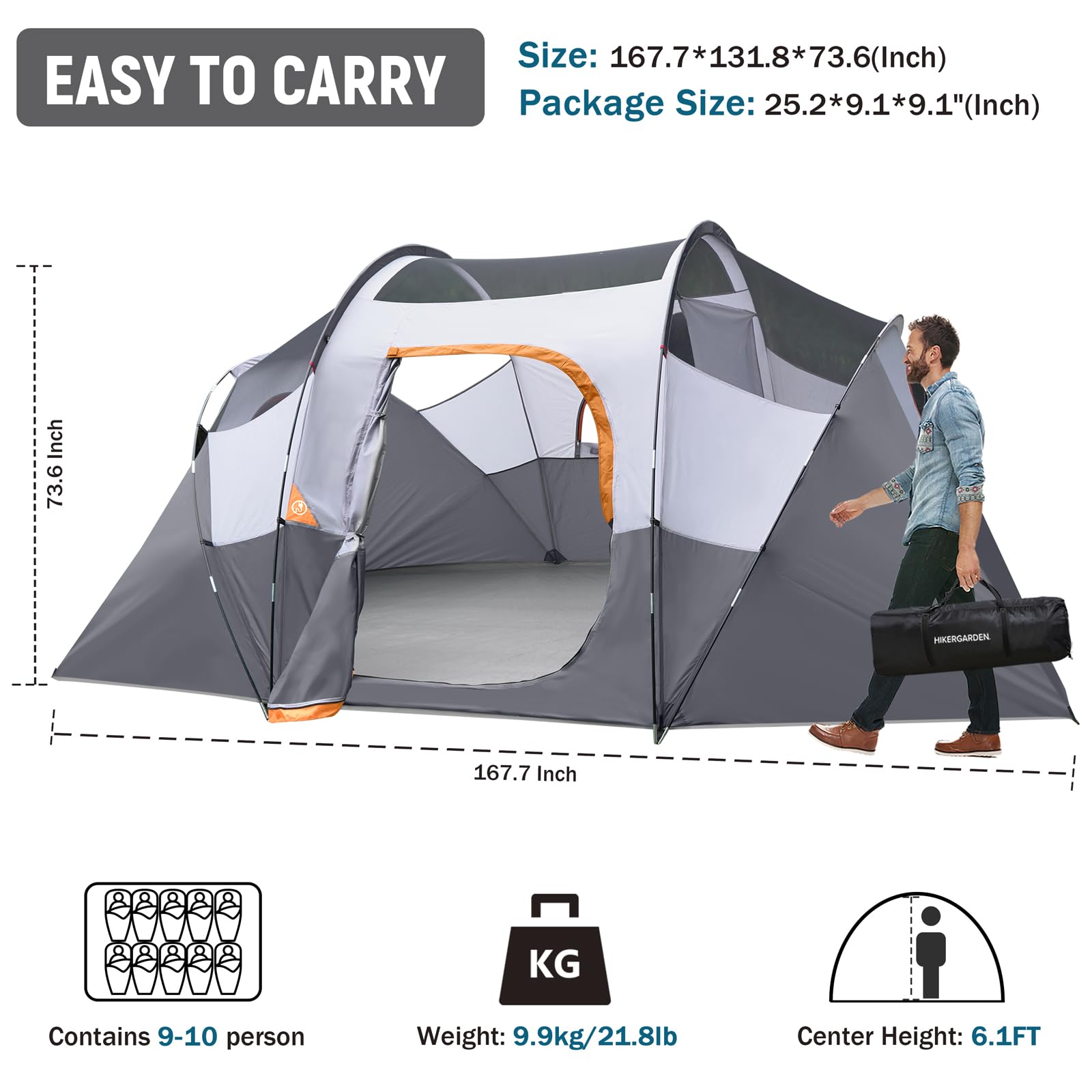 HG Hikergarden 10P tent standing height for easy movement inside