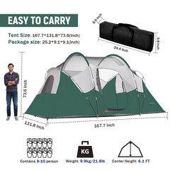 HG HIKERGARDEN 10-person tent interior shows multiple sleeping zones for privacy.