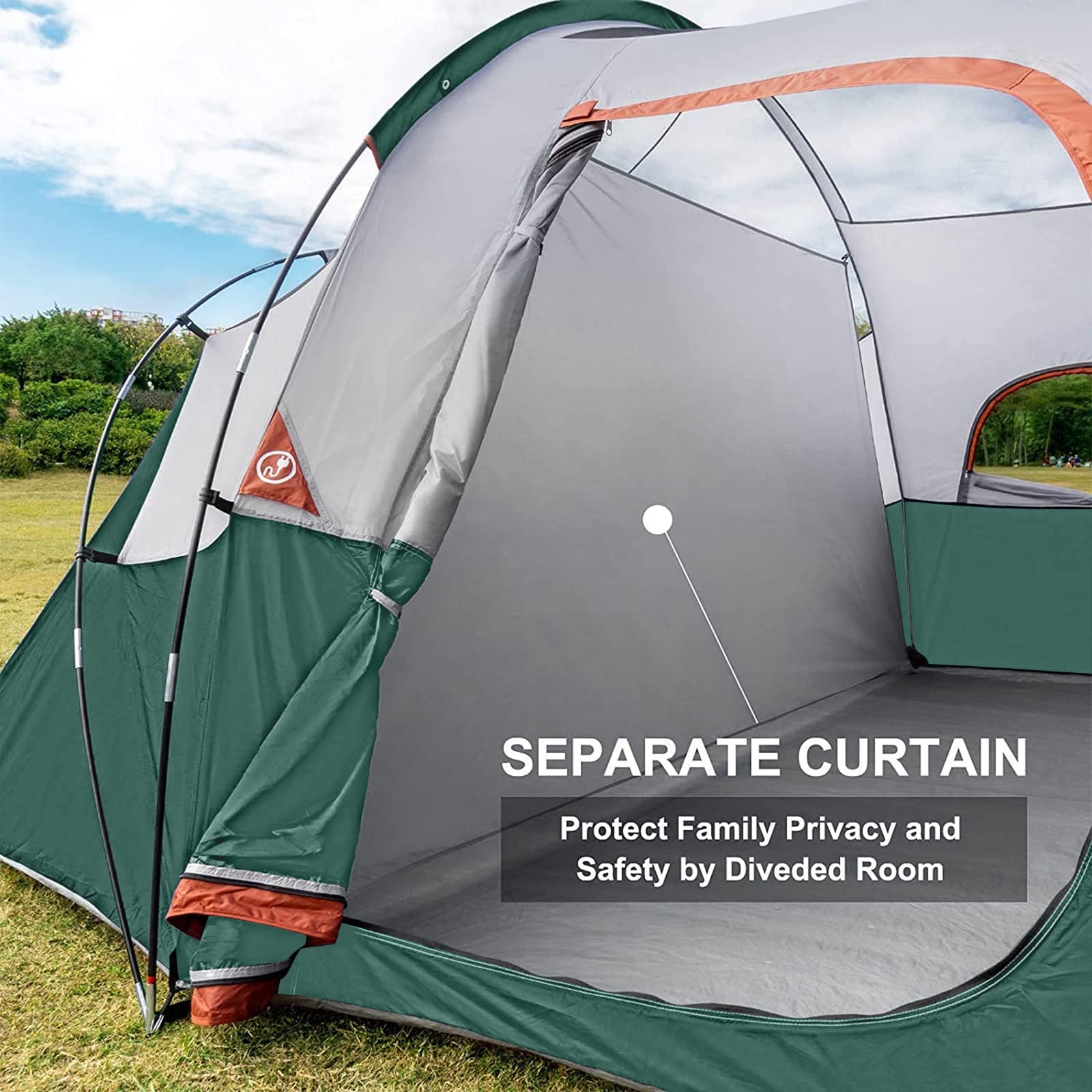 HG HIKERGARDEN 10-person tent waterproof fabric keeps interior dry during wet weather.