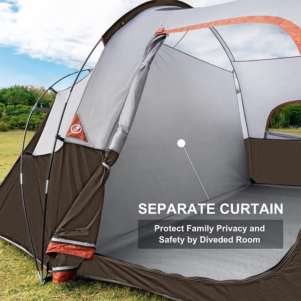 HG Hikergarden 10person tent weatherproof highlights dry space in rain or wind.