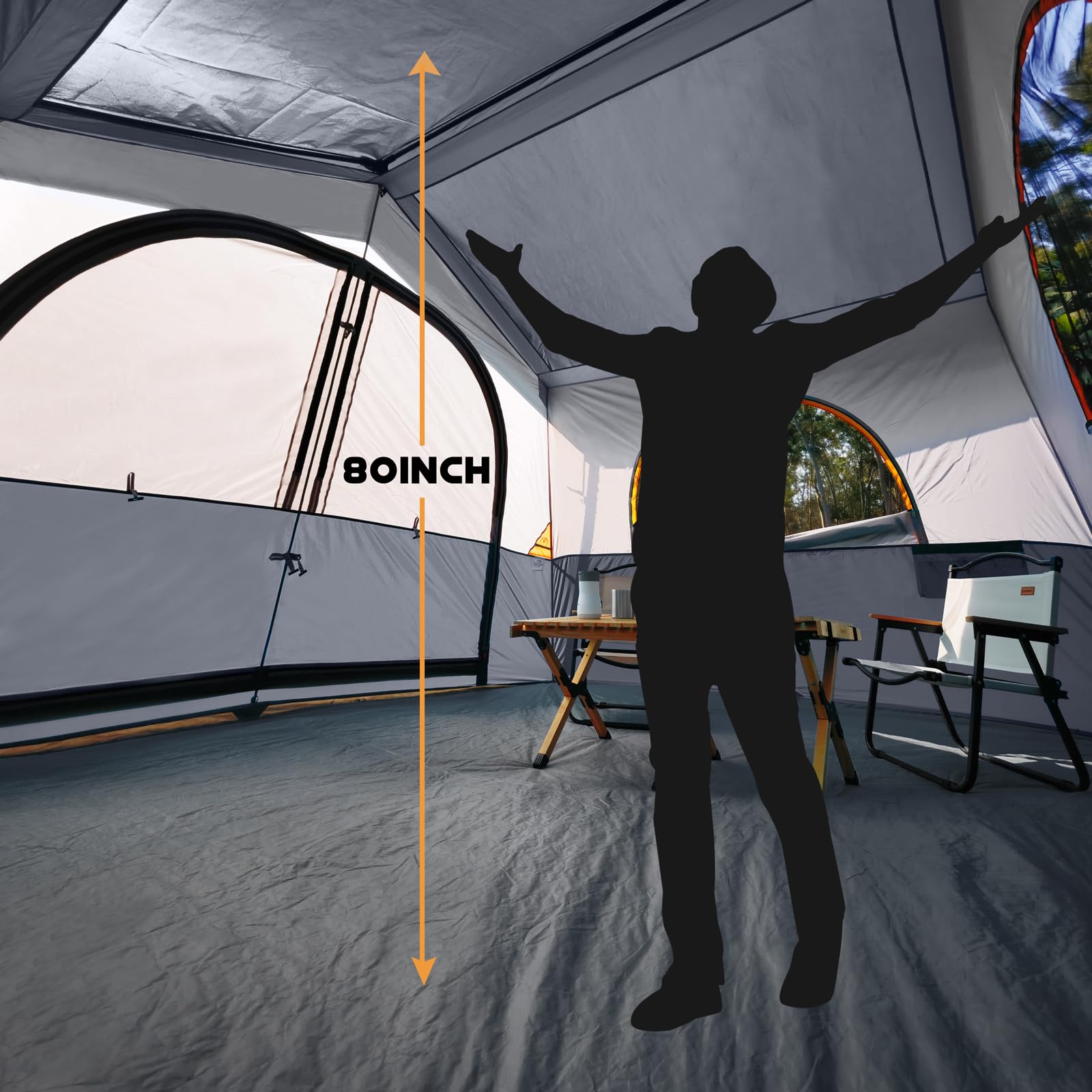 HG HIKERGARDEN 8-person tent ventilation with mesh doors and skylights.
