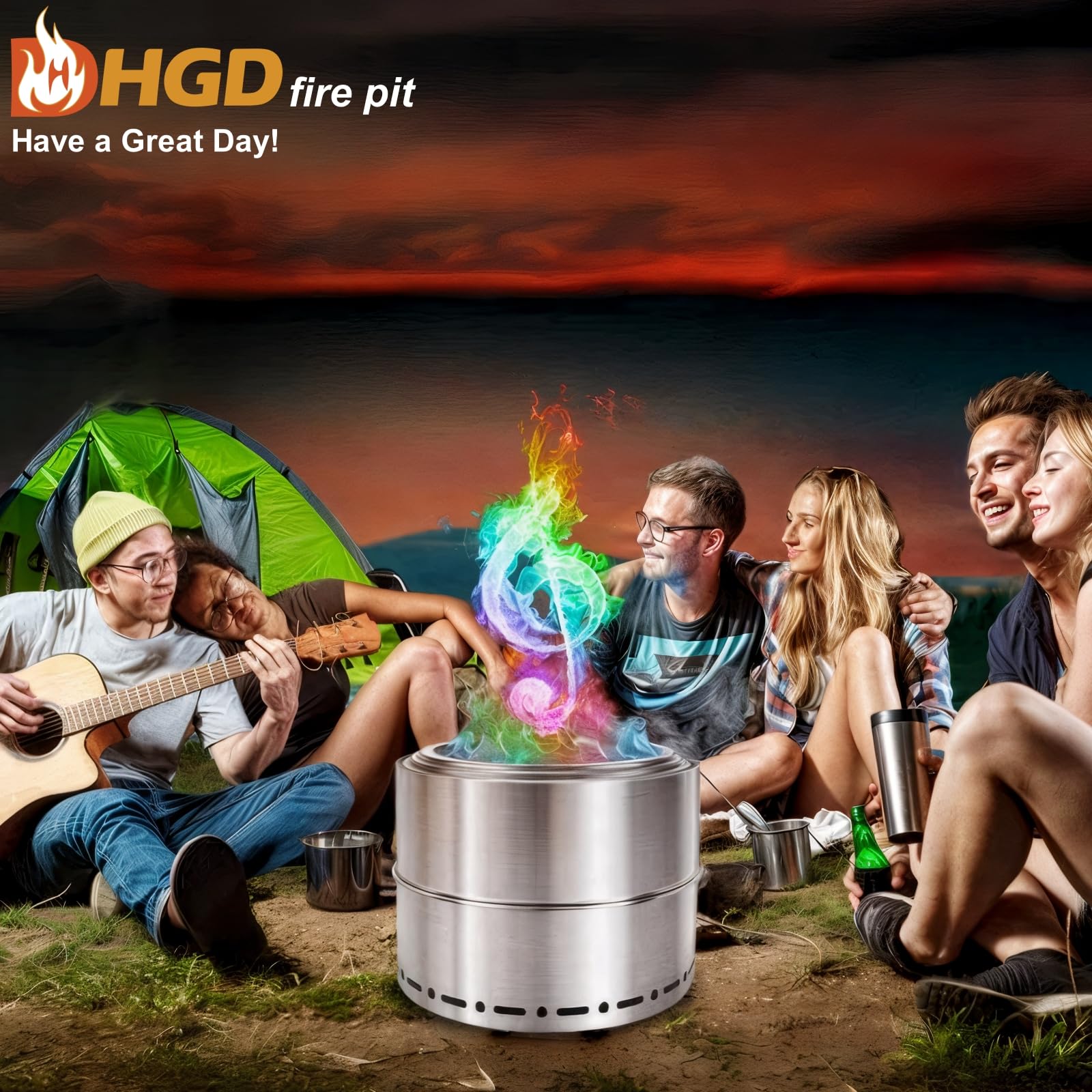 HGD night-time camping flame show with rainbow colors.