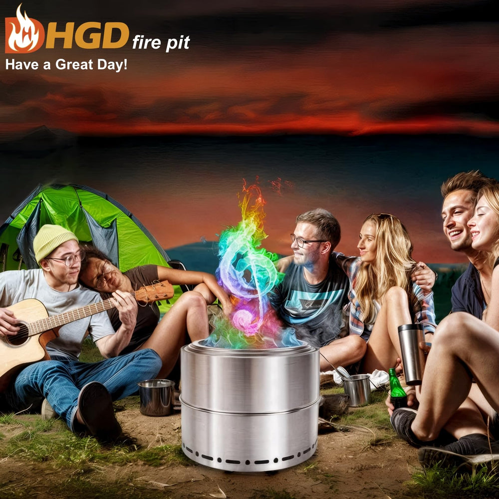 HGD night-time camping flame show with rainbow colors.