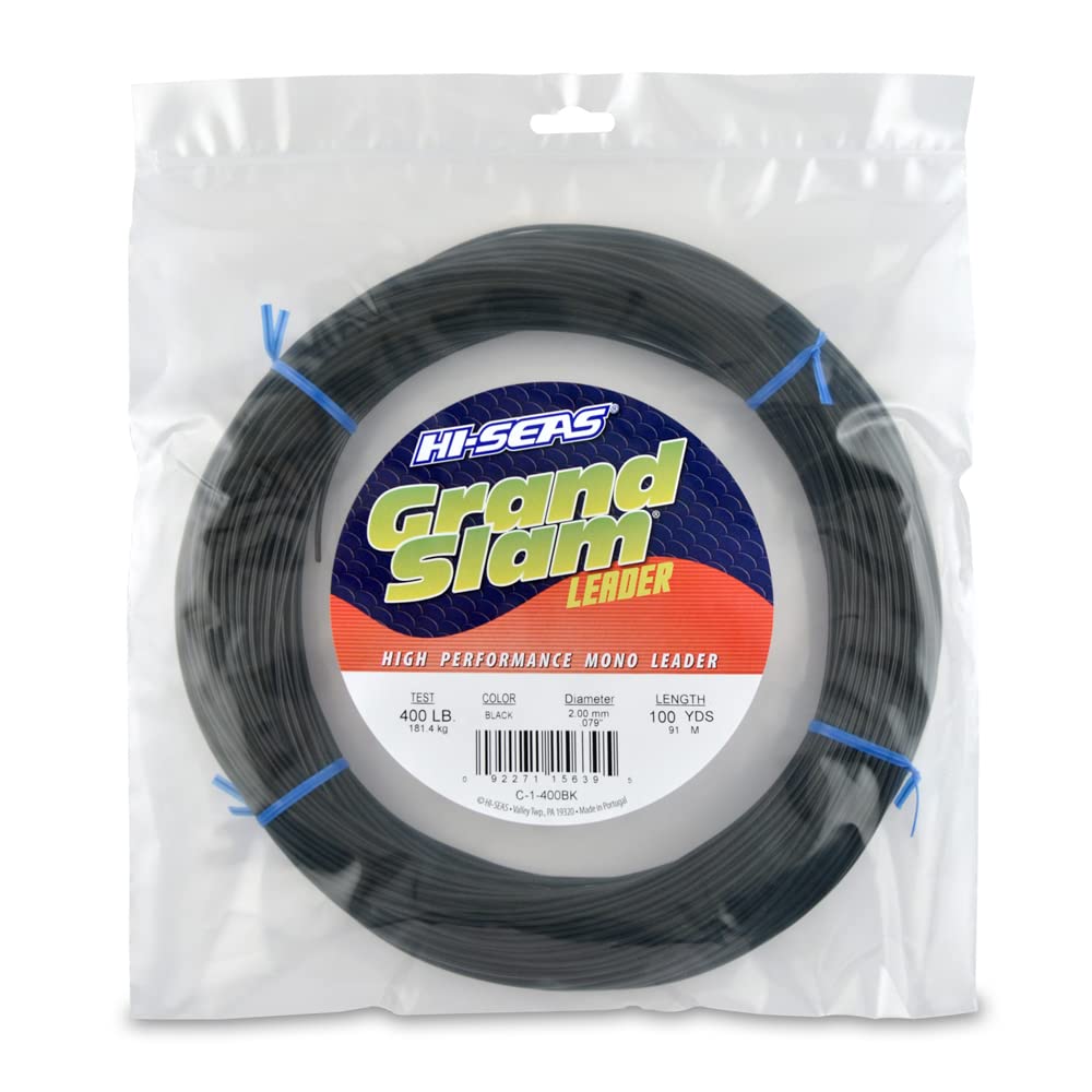 Hi-Seas Grand Slam mono leader 400 lb black coil showing high strength for heavy bottom fishing.