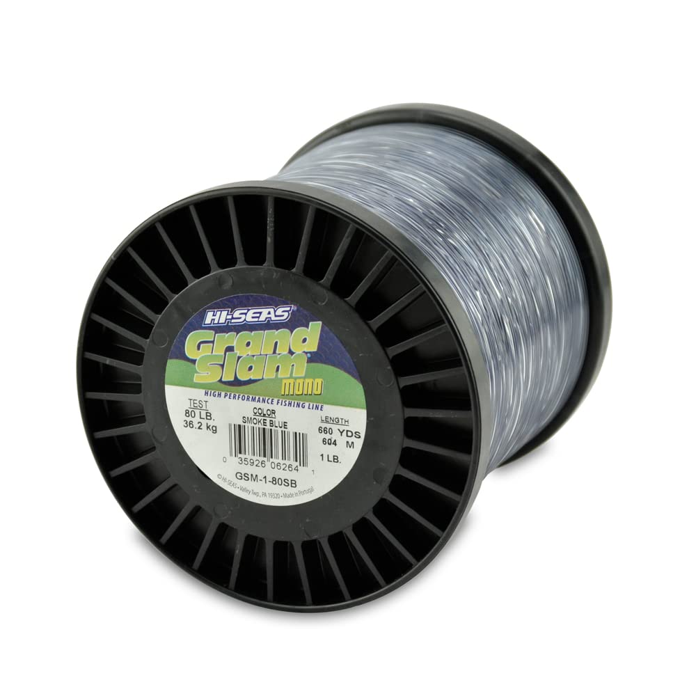 Hi-Seas Grand Slam monofilament line smoke blue spool with 660-yard length and abrasion resistance.