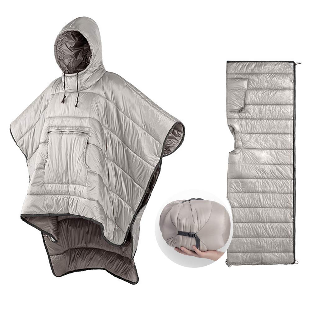 HI SUYI Camp Poncho worn as hooded blanket for outdoor warmth.