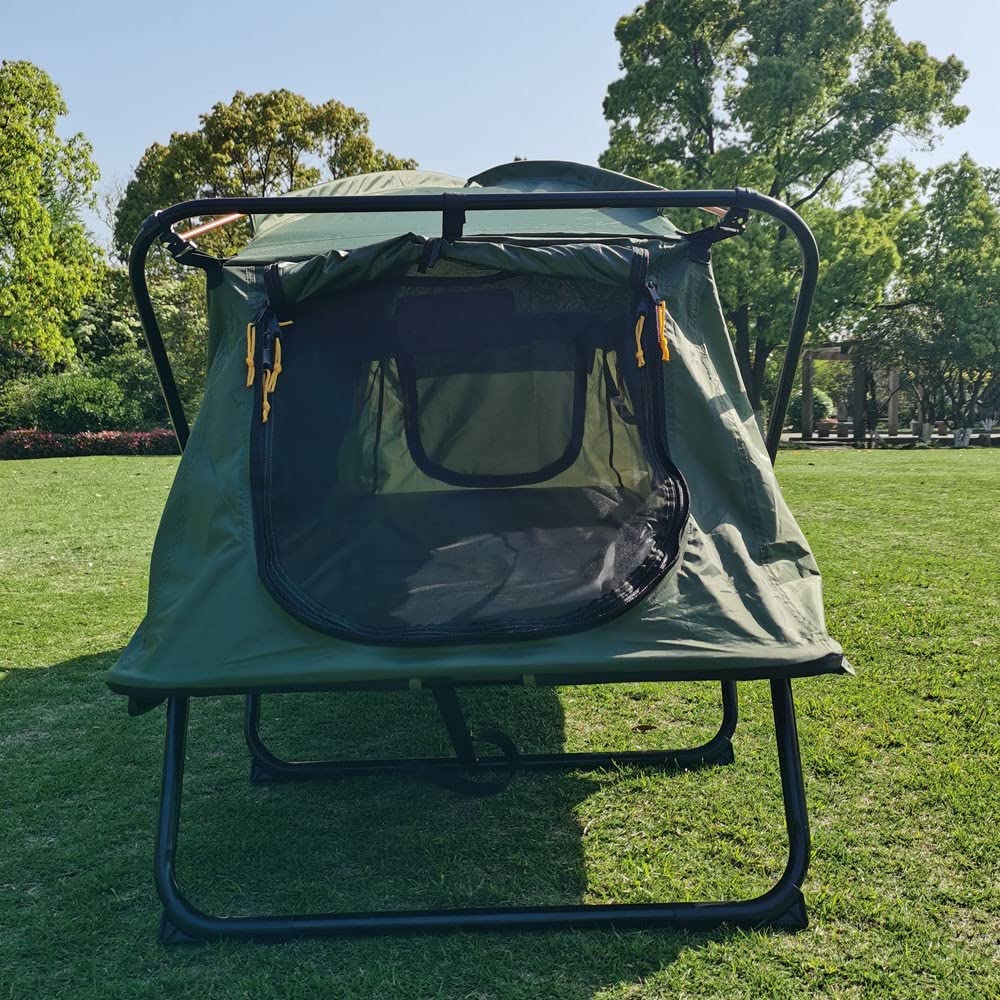 HI SUYI tent cot elevated sleeping platform keeps you dry on uneven ground.