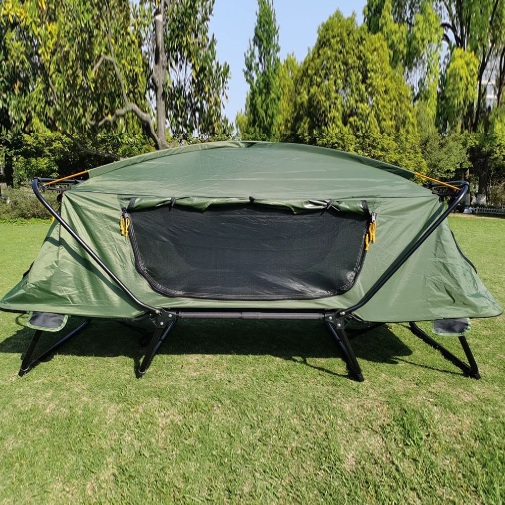 HI SUYI tent cot folding-off-ground set-up demonstrates fast outdoor sleep solution.